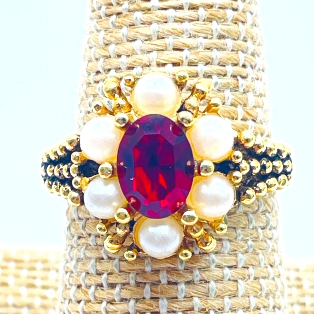 Avon Red Crystal Faux Pearl Ring Gold Tone Blue Enamel Statement Signed Vintage